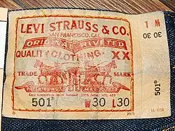 Tag from a pair of Levi 501 button-fly jeans