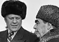 Gerald Ford (left) wearing an ushanka, with Leonid Brezhnev (right) wearing a Karakul.