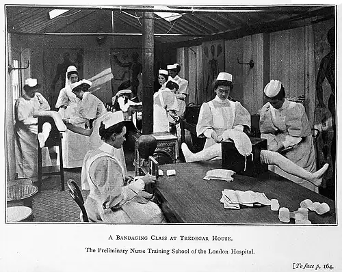 Photograph of a bandaging class at Tredegar Hous