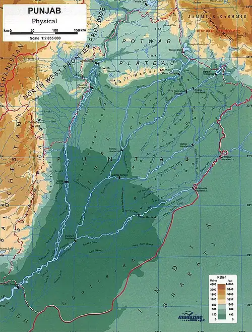 A detailed physical map of the Punjab region, highlighting the Bar subregions between the Jhelum and Sutlej rivers.