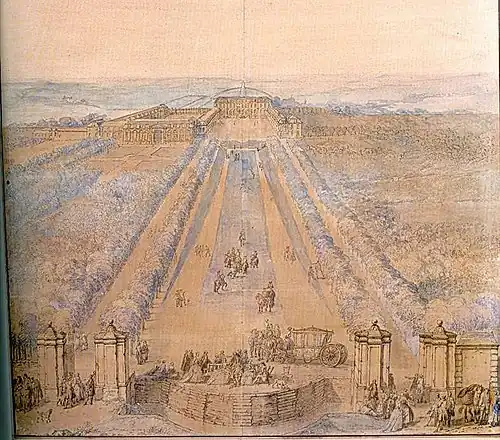 View from the south of the Château de Chanteloup in 1762, showing the Porte d'Espagne (Spanish Gate), painted by Pierre Lenfant (Musée des Beaux-Arts, Tours)