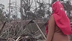 A villager staring at her house that was destroyed by the eruption.