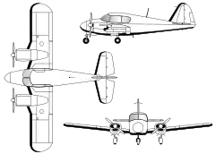3-view line drawing of the Piper PA-23-150 Apache