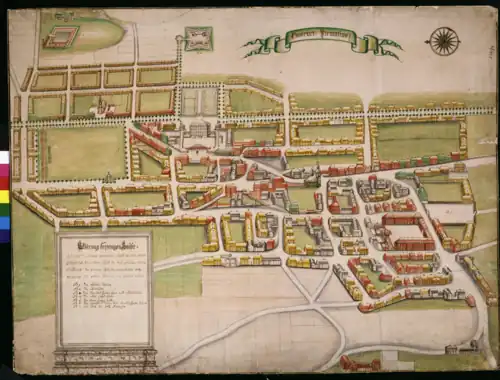 City plan of Pirmasens published in 1770, before the drill house was constructed. Schloss Pirmasens is in the center of the town