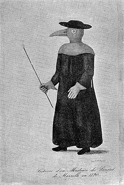 Plague doctor or magistrate in a sealed mask in the shape of a bird to fend away disease