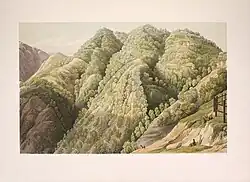 His house on Jakhu Hill, Shimla at the far left, as sketched by Mrs. W.L.L. Scott.