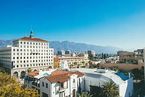 Birds eye view of the central business cluster down Colorado Blvd of Playhouse Village