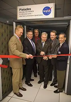 Ribbon cutting ceremony for the completion of the original Pleiades system in December 2008 with representatives from NASA, SGI, and Intel