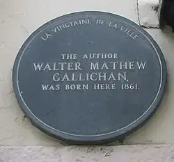 Plaque on Walter M. Gallichan's birthplace in the Royal Square, Vingtaine de la Ville