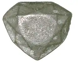 Lead cast of the "French Blue" diamond, discovered in 2007 at the National Museum of Natural History (France) by Farges (ca. 31&nbsp;mm ×&nbsp;26&nbsp;mm (1.2&nbsp;in ×&nbsp;1.0&nbsp;in)).