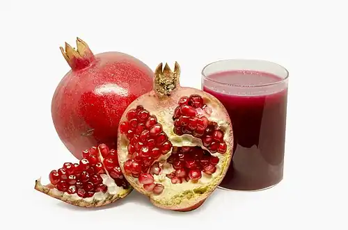 Image 11 Pomegranate juice Photograph credit: Augustus Binu Pomegranate juice is a beverage made from the fruit of the pomegranate. It is used in cooking both as a fresh juice and as a concentrated syrup. The fruit originated in the region extending from Iran to northern India and has been cultivated since ancient times. The fruit has a hard outer husk and a spongy mesocarp in which the seeds in their fleshy seedcoats are embedded. Pomegranate juice can be sweet or sour, but most fruits are moderate in taste. The juice has long been a popular drink in Europe and the Middle East, and is now widely distributed in the United States and Canada. More selected pictures