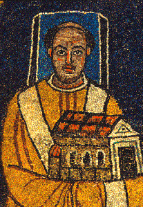 Pope Paschal I presenting a model of the Basilica to Christ. His square halo indicates that he was alive when the mosaic was made.