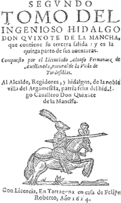 A page titled 'SEGVNDO / TOMO DEL / INGENIOSO HIDALGO / DON QVIXOTE DE LA MANCHA...' illustrated with a mounted knight charging.