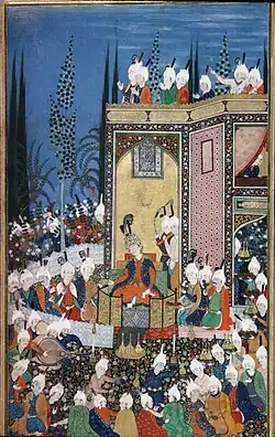 Shah Tahmasp and his court at the Celebration of Id. Cartier Hafiz, circa 1531. Signed by Sultan Mohammad.[16]