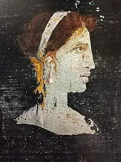 Most likely a posthumous painted portrait of Cleopatra VII of Ptolemaic Egypt with red hair and her distinct facial features, wearing a royal diadem and pearl-studded hairpins, from Roman Herculaneum, mid-1st century AD[38][39]