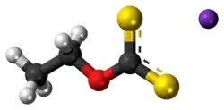 Ball-and-stick model of the component ions of potassium ethyl xanthate