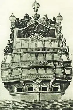 The elaborate transom of the 17th century 104-gun ship of the line Soleil Royal, by Jean Bérain the Elder