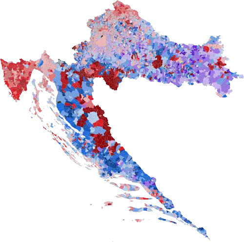 First round results by settlement, shaded according to winning candidate's percentage of the vote.