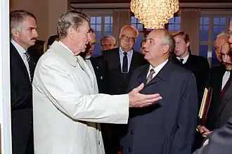 Reagan and Gorbachev greet each other at Höfði