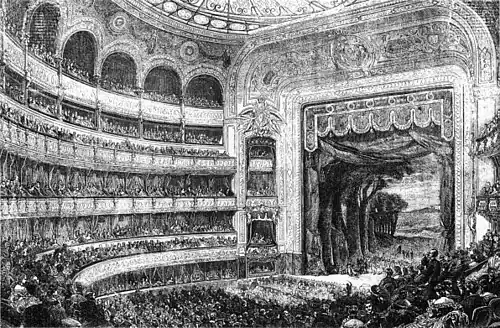 The Théâtre Lyrique, on the Place du Chatelet, in 1869. It hosted the first performances of the operas Faust and Roméo et Juliette by Charles Gounod and Les pêcheurs de perles by Georges Bizet.