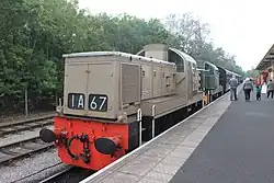 Class 14s (no. D9537) in desert sand livery and no. D9539 prepare a double-head train on the Ribble Steam Railway.