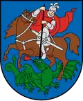 A coat of arms depicting a man in full body armour riding a brown horse that is tramplinga green dragon spewing red flames from its mouth