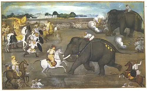 A painting from a Padshahnama manuscript (1633) depicts the scene of Aurangzeb facing the maddened war elephant Sudhakar. Sowar's shield is decorated with a star and crescent.