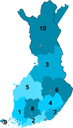 1940-1941 &nbsp;&nbsp;1&nbsp;Turku and Pori &nbsp;&nbsp;2&nbsp;Uusimaa &nbsp;&nbsp;3&nbsp;Oulu &nbsp;&nbsp;4&nbsp;Mikkeli &nbsp;&nbsp;5&nbsp;Vaasa &nbsp;&nbsp;6&nbsp;Kuopio &nbsp;&nbsp;7&nbsp;Viipuri &nbsp;&nbsp;8&nbsp;Tavastia &nbsp;&nbsp;9&nbsp;Åland 10&nbsp;Lapland