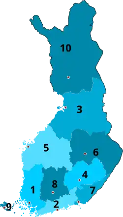 1944-1945 &nbsp;&nbsp;1&nbsp;Turku and Pori &nbsp;&nbsp;2&nbsp;Uusimaa &nbsp;&nbsp;3&nbsp;Oulu &nbsp;&nbsp;4&nbsp;Mikkeli &nbsp;&nbsp;5&nbsp;Vaasa &nbsp;&nbsp;6&nbsp;Kuopio &nbsp;&nbsp;7&nbsp;Viipuri &nbsp;&nbsp;8&nbsp;Tavastia &nbsp;&nbsp;9&nbsp;Åland 10&nbsp;Lapland