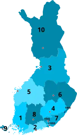 1947-1960 &nbsp;&nbsp;1&nbsp;Turku and Pori &nbsp;&nbsp;2&nbsp;Uusimaa &nbsp;&nbsp;3&nbsp;Oulu &nbsp;&nbsp;4&nbsp;Mikkeli &nbsp;&nbsp;5&nbsp;Vaasa &nbsp;&nbsp;6&nbsp;Kuopio &nbsp;&nbsp;7&nbsp;Kymi &nbsp;&nbsp;8&nbsp;Tavastia &nbsp;&nbsp;9&nbsp;Åland 10&nbsp;Lapland