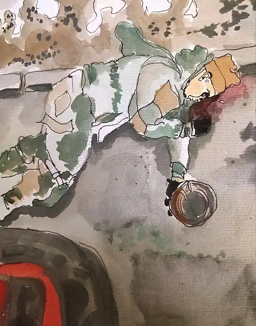 A dead soldier painted in watercolor, seen from above