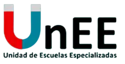 Capital ''U'' with red and color sections, denoting a magnet, followed by a minuscule ''n'' and two capital ''E''s in black. Under all are the words '''Unidad de Escuelas Especializadas'' ("Specialized Schools Unit").