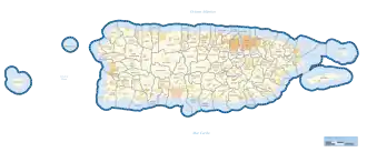 Map of Puerto Rico with urban areas demarcated in orange to yellow