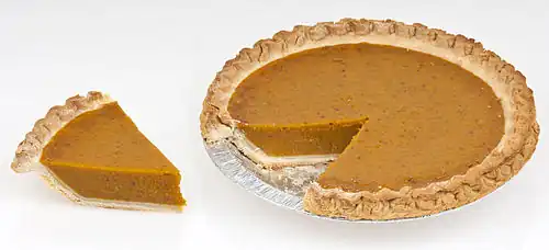 Orange-coloured pumpkin pie is the traditional dessert at a US Thanksgiving dinner.