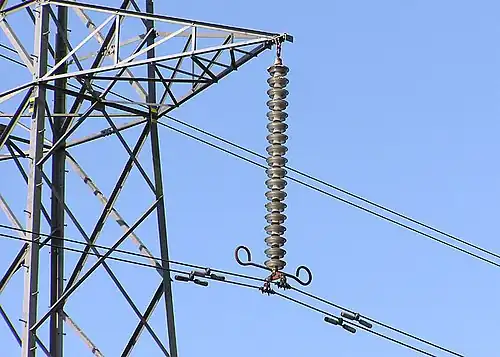Suspension insulator string (the vertical string of discs) on a 275&nbsp;kV suspension pylon