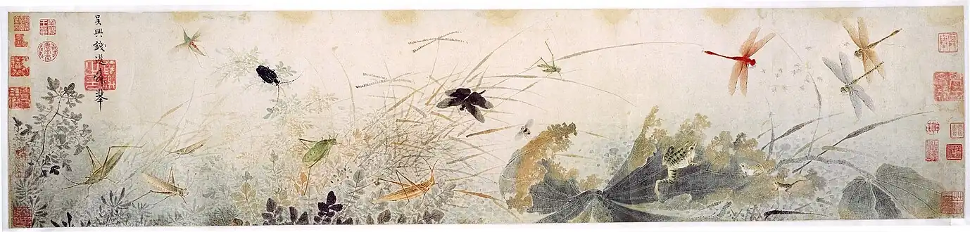 Early Autumn; by Qian Xuan; 13th century; ink and colors on paper scroll; 26.7 × 120.7&nbsp;cm; Detroit Institute of Arts. The decaying lotus leaves and dragonflies hovering over stagnant water are probably a veiled criticism of Mongol rule[37]
