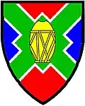 Arms of North West Province, South Africa: Per saltire gules and azure, a saltire quadrate vert, fimbriated argent.