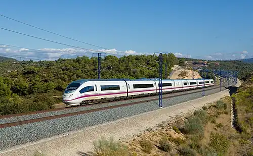 High-speed AVE Class 103 train near Vinaixa, Madrid-Barcelona line. Spain has the longest high-speed rail network in Europe.[249]
