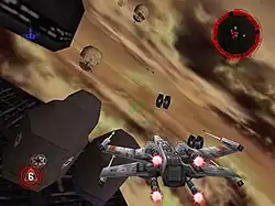 A futuristic, "x"-shaped aircraft participates in an aerial battle in a cloudy, brown sky