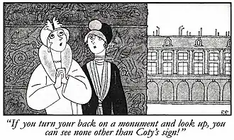 A black and white sketch of Lorelei and Dorothy standing near a Paris monument. They are attired like stereotypical flappers in cloche hats and furs.