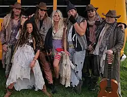 Rednex in 2020: Cash, Jiggie McClagganahan, Spades, Pickles, Moe Lester the Limp, Boneduster Crock and Pervis the Palergator, during the video recording of Nowhere in Idaho