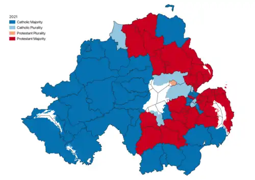 Religious Background in each Electoral Area 2021.[67] Protestants outnumbered Catholics in 37 out of the 80 Electoral Areas