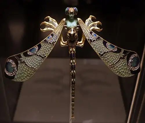 The Dragonfly brooch; by René Lalique; c. 1897–1898; gold, vitreous enamel, chrysoprase, chalcedony, moonstone and diamond; height: 23 centimetres (9.1&nbsp;in), width: 26.5 centimetres (10.4&nbsp;in); Calouste Gulbenkian Museum (Lisbon, Portugal)