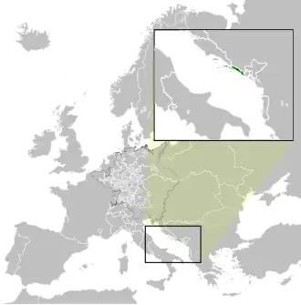 Borders of the Republic of Ragusa, from 1426 (encompassing also the area labelled "Neum" until 1718)