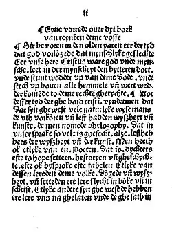 The title of this passage reads Eyne vorrede ouer dyt boek van reynken deme vosse, which translates as 'A prologue about this book of Reynard the Fox'. Reynard the Fox is an allegorical epic that was popular in medieval Europe. This depiction is from the 1498 edition published in Lübeck, one of the major Hanseatic cities. The typeface is typical for the blackletter used in MLG printing.