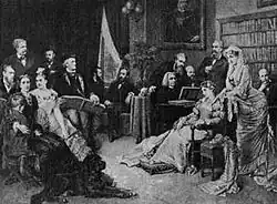 Painting by Georg Papperitz (1846-1918) shows Franz von Lenbach, Siegfried Wagner, Cosima Wagner, Mrs Materna, Richard Wagner, Hermann Levi, Hans Richter, Franz Liszt (at the piano) and others; painting of Ludwig II of Bavaria hanging at the wall