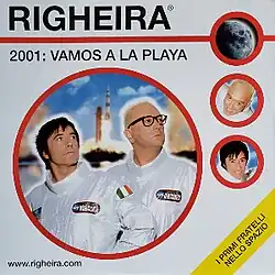 Righeira puts their hands on their hips and looks upwards to the left. They are wearing space suits, with Italian shoulder patches.