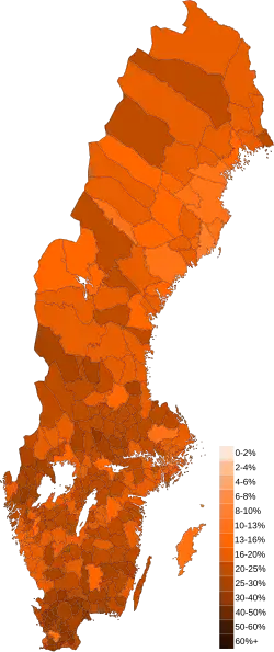 2018: The party's share of the vote by municipality (darker shades indicate a higher percentage of votes)