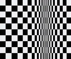 Black and light grey checkered pattern of squares that is horizontally shrunk at one third to the right side of the image