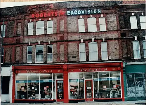 Original "Roberts for Ekcovision" neon sign on Bedford Hill (c. 1985)